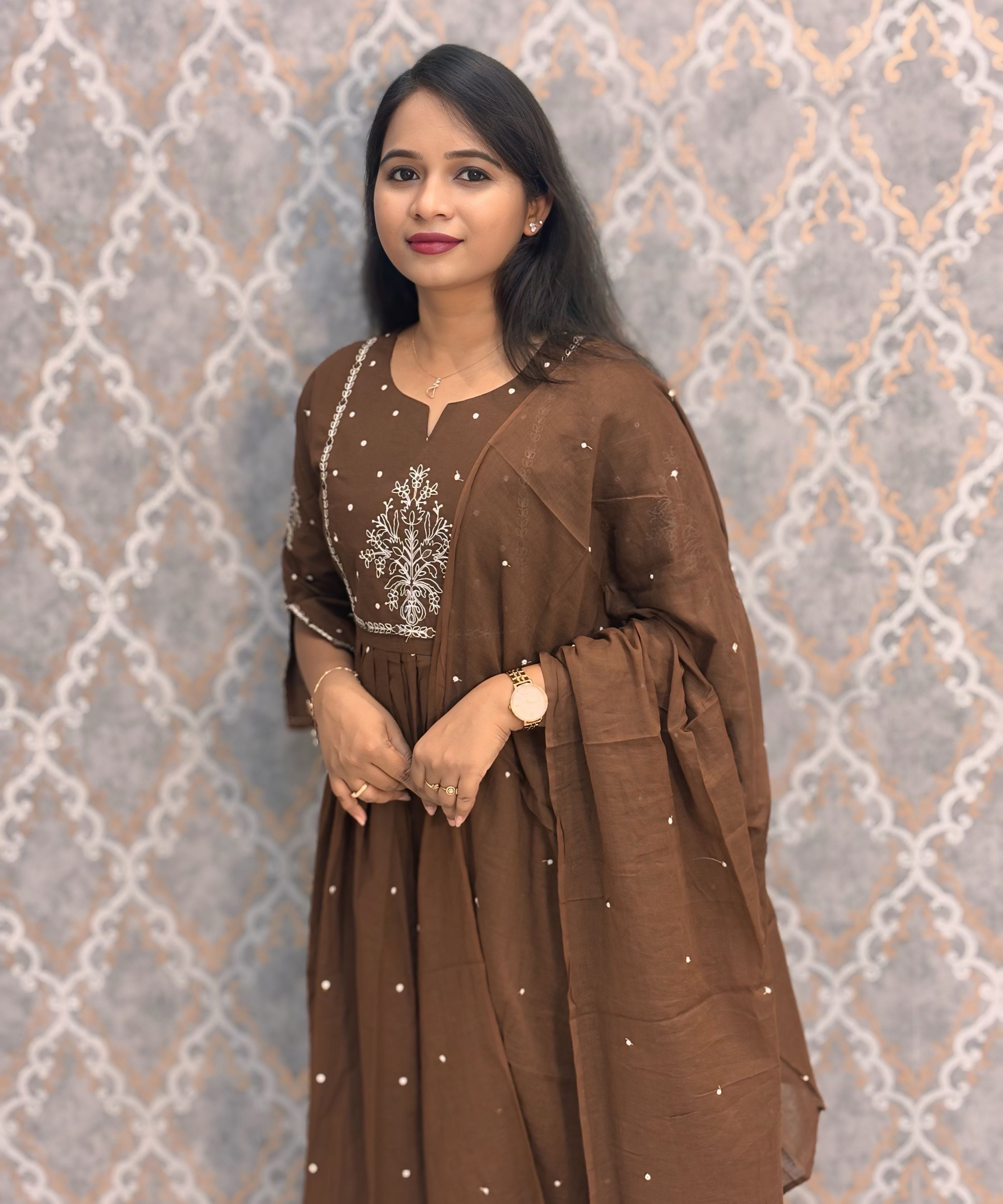 Brown Color Mul Cotton Embroidery Umbrella 3 Piece Salwar Set / ESS385