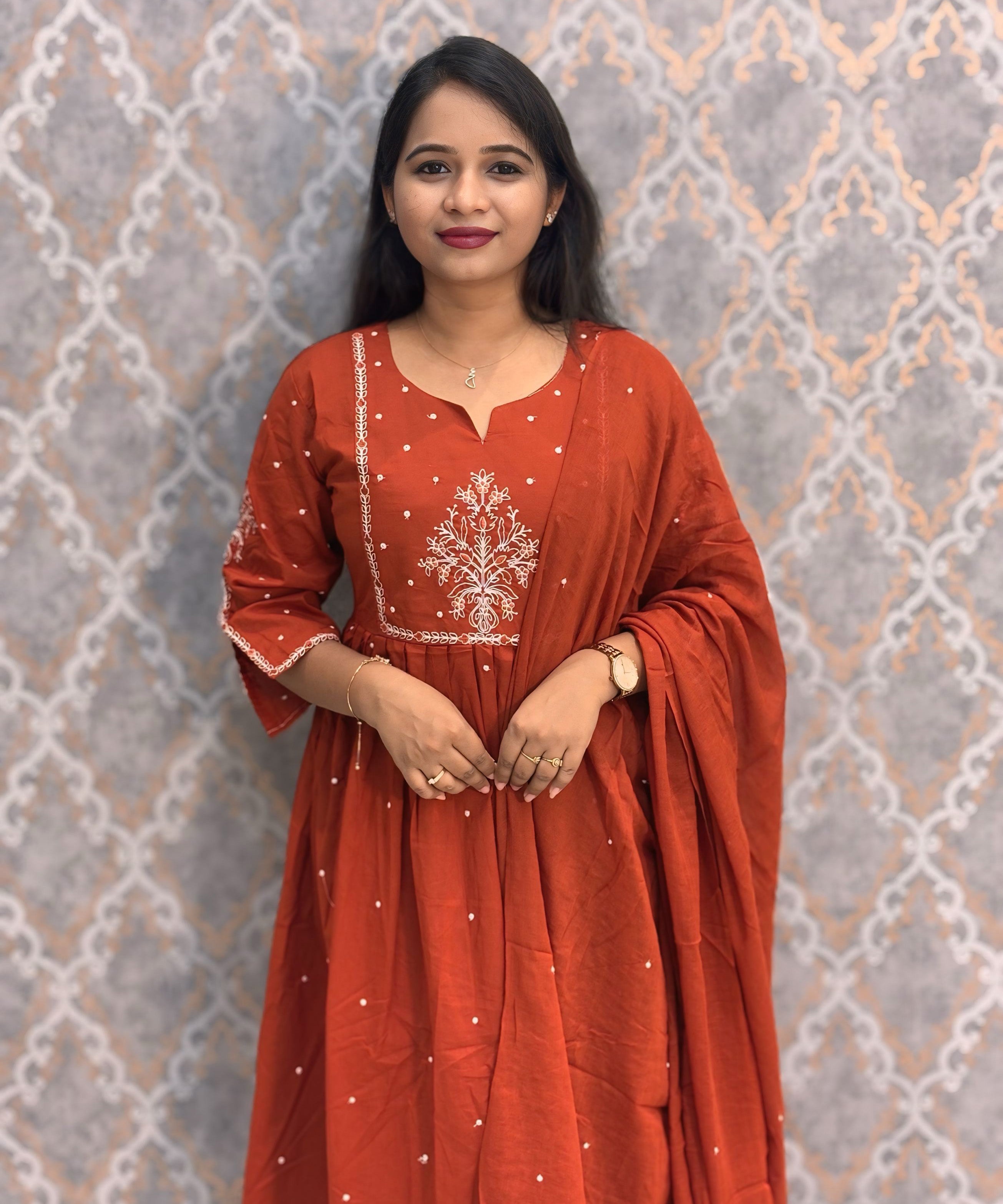 Orange Color Mul Cotton Embroidery Umbrella 3 Piece Salwar Set / ESS385