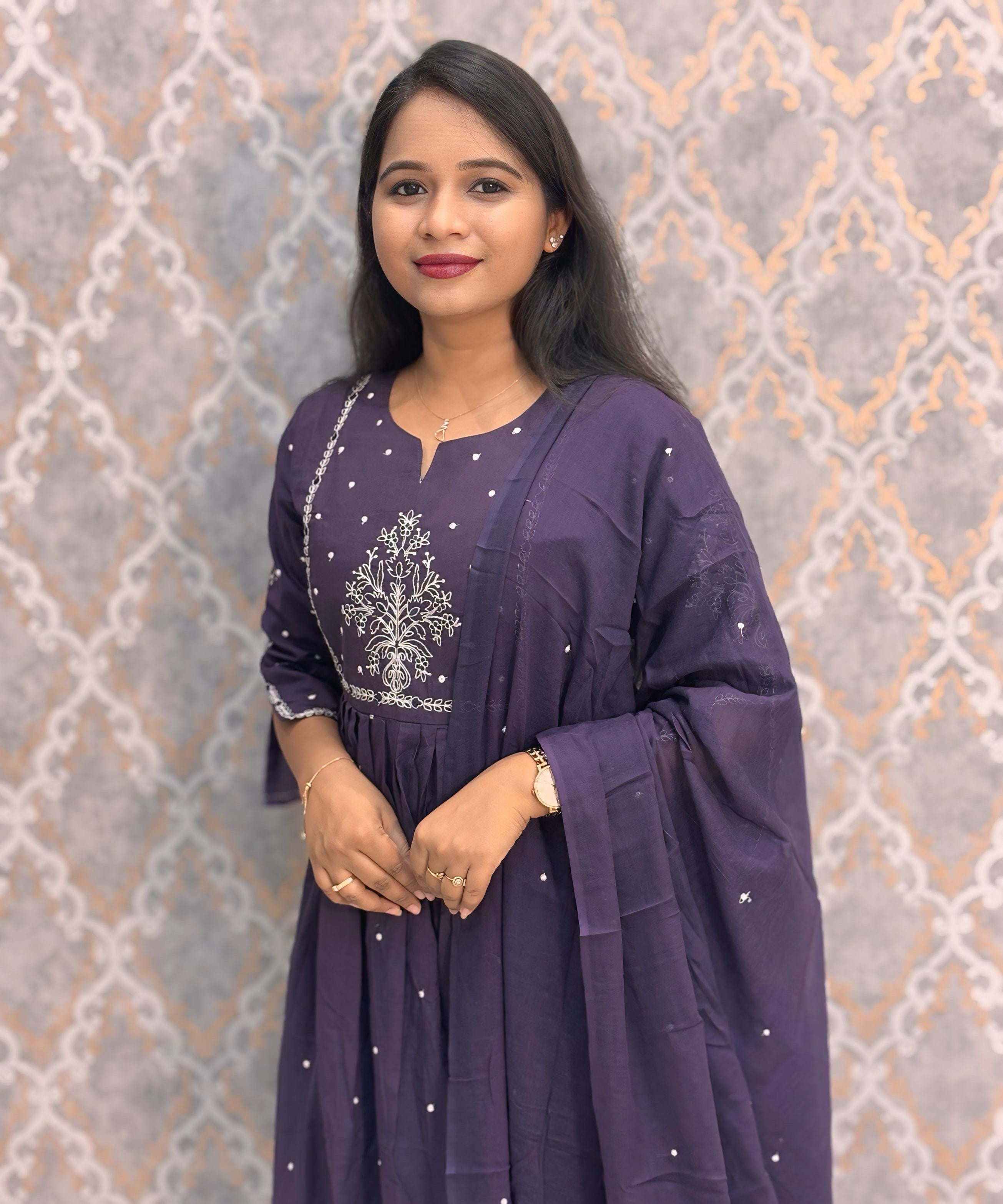 Purple Color Mul Cotton Embroidery Umbrella 3 Piece Salwar Set / ESS385