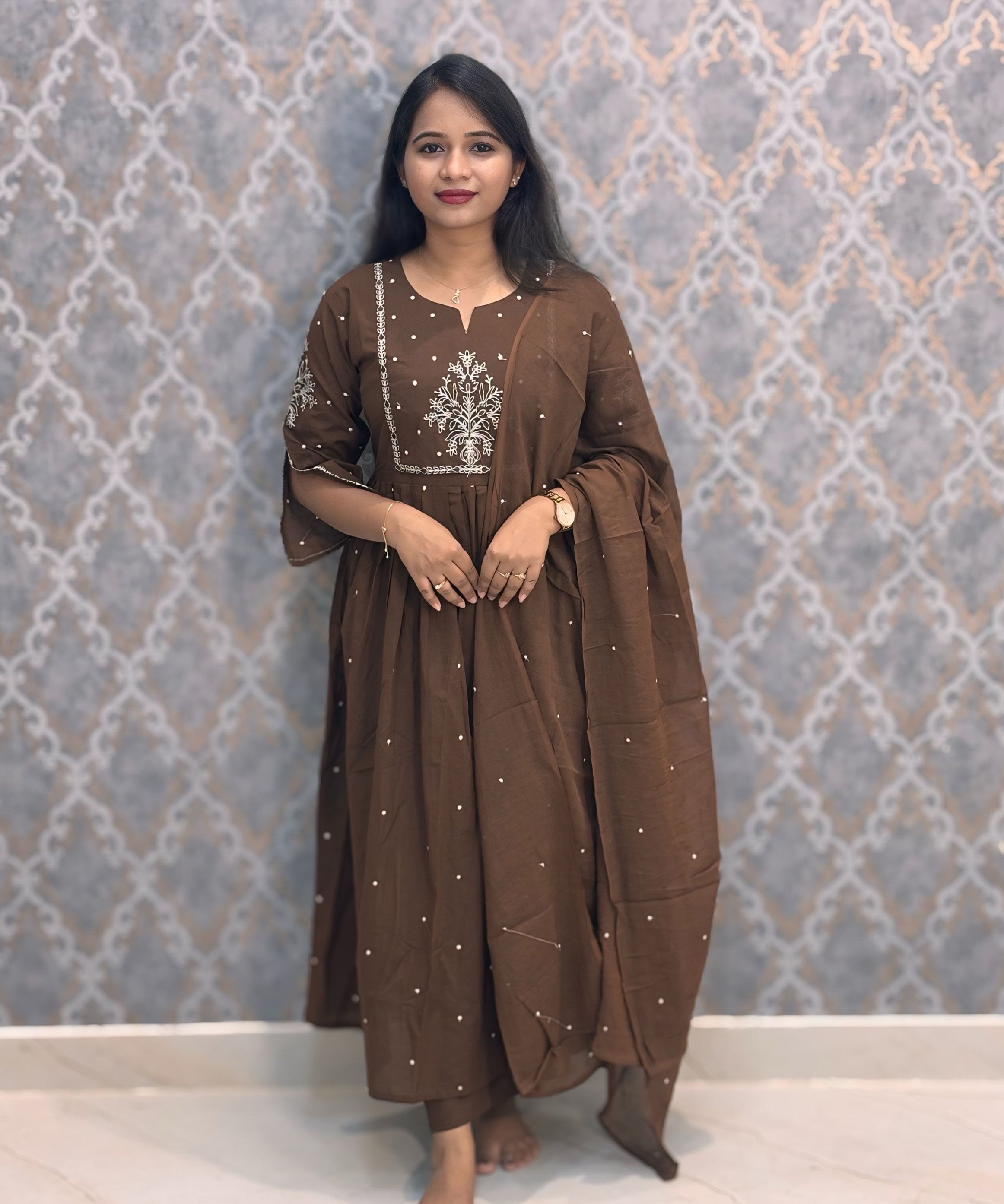 Brown Color Mul Cotton Embroidery Umbrella 3 Piece Salwar Set / ESS385