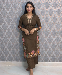 Brown Color Mul Cotton Floral Embroidery 3 Piece Salwar Set with Pocket /  ESS368