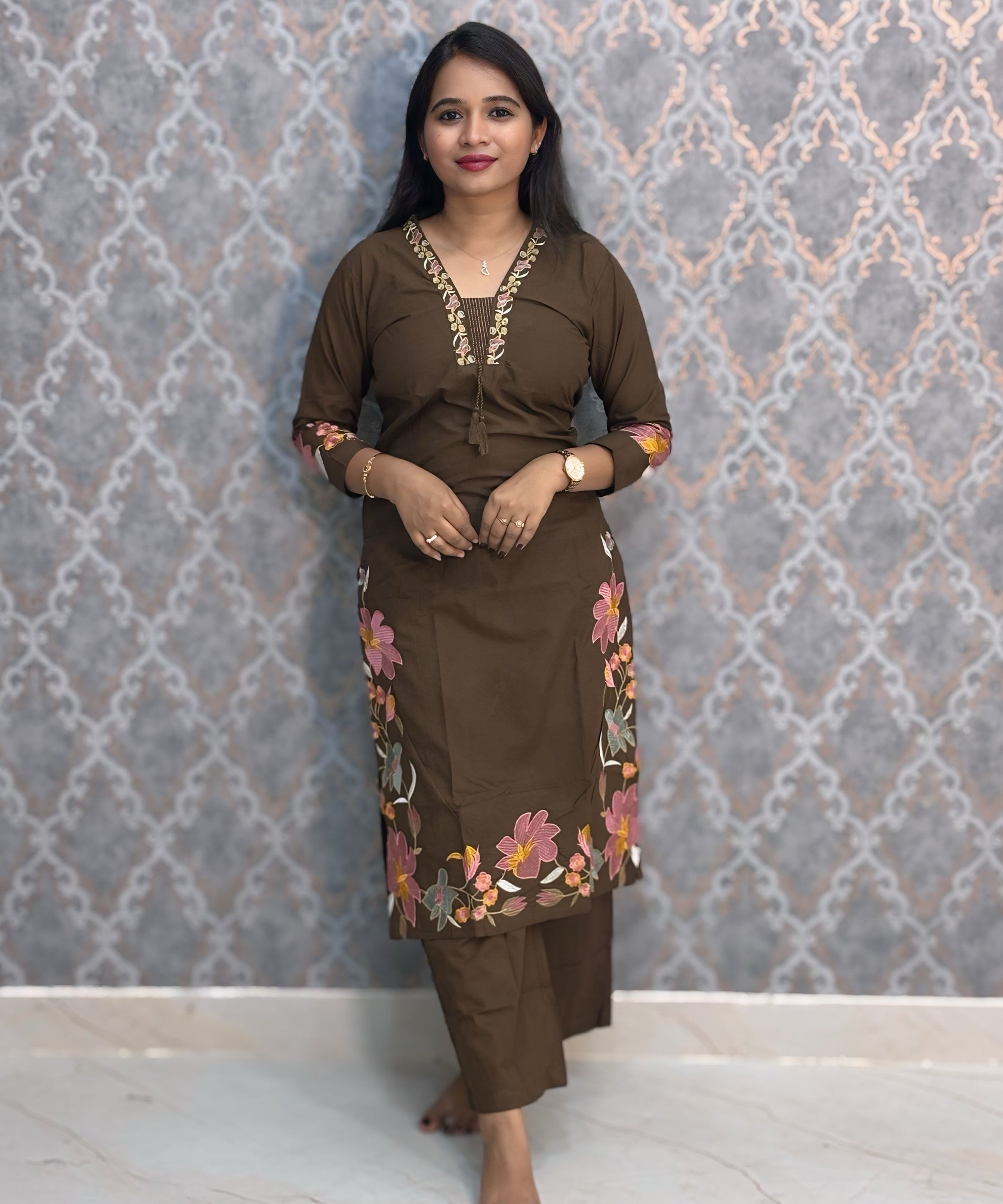 Brown Color Mul Cotton Floral Embroidery 3 Piece Salwar Set with Pocket /  ESS368
