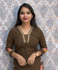 Brown Color Mul Cotton Floral Embroidery 3 Piece Salwar Set with Pocket /  ESS368