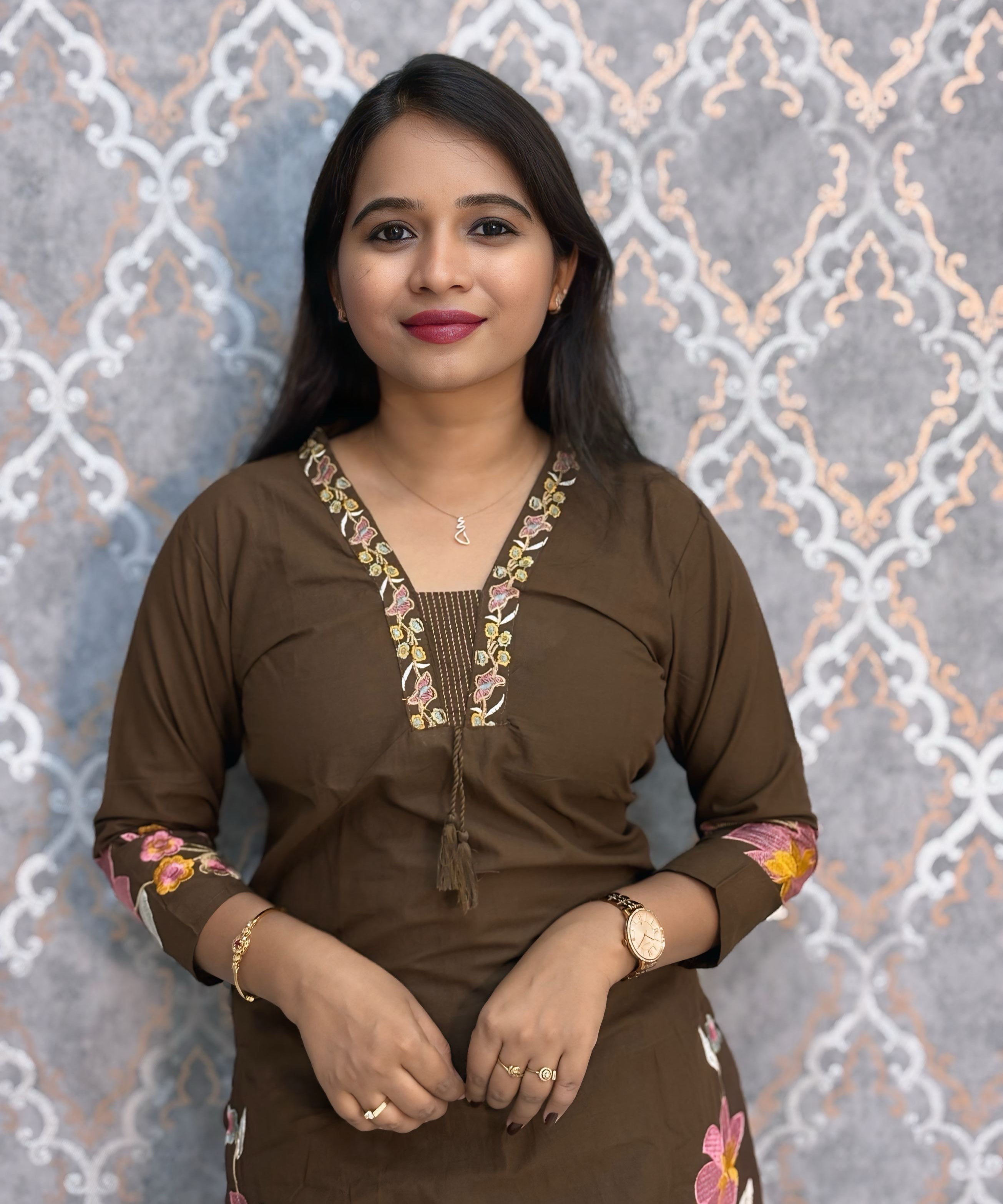 Brown Color Mul Cotton Floral Embroidery 3 Piece Salwar Set with Pocket /  ESS368