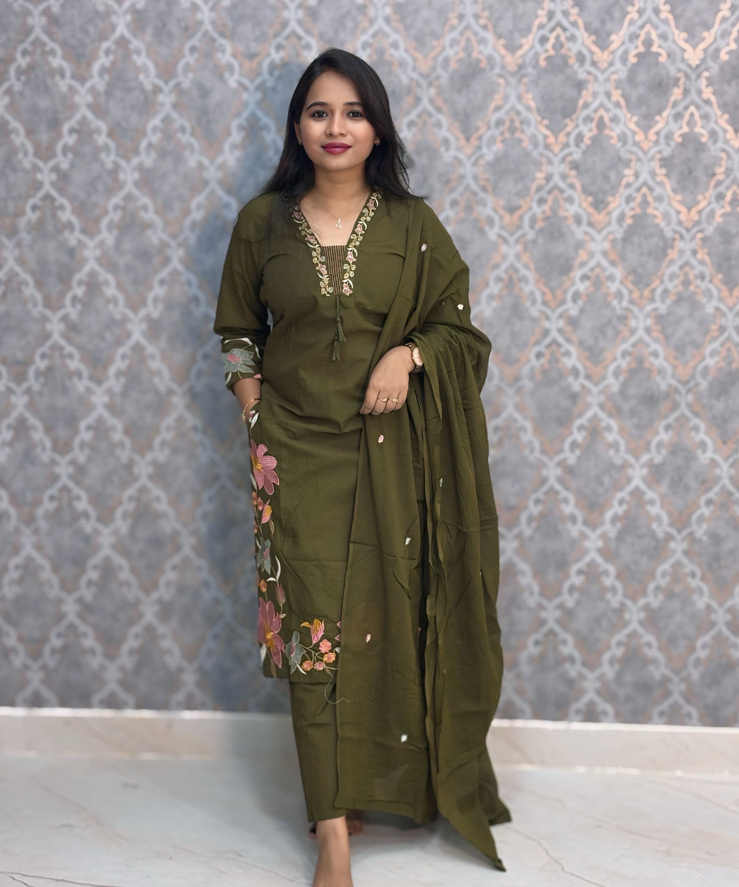 Green Color Mul Cotton Floral Embroidery 3 Piece Salwar Set with Pocket /  ESS368