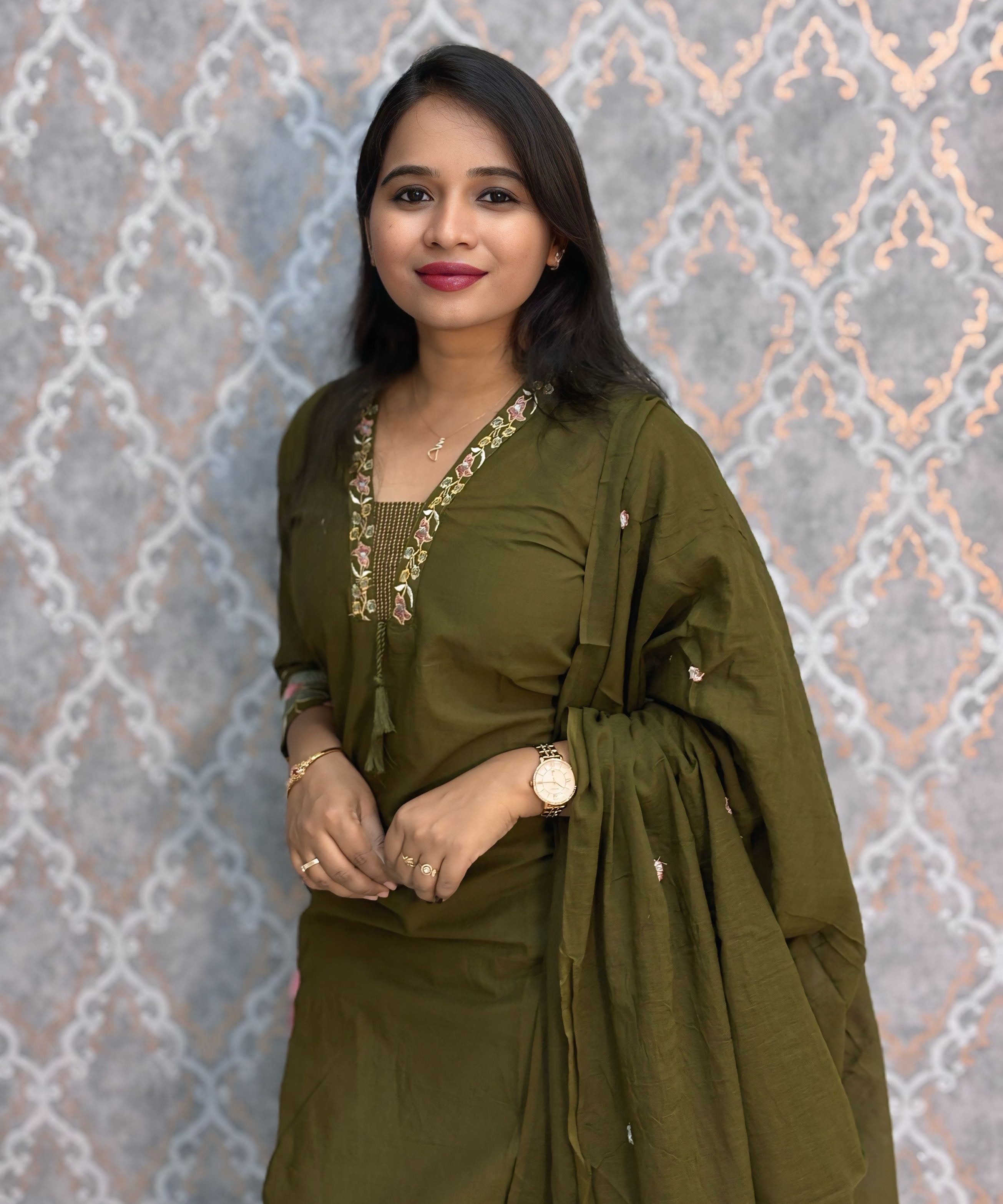 Green Color Mul Cotton Floral Embroidery 3 Piece Salwar Set with Pocket /  ESS368