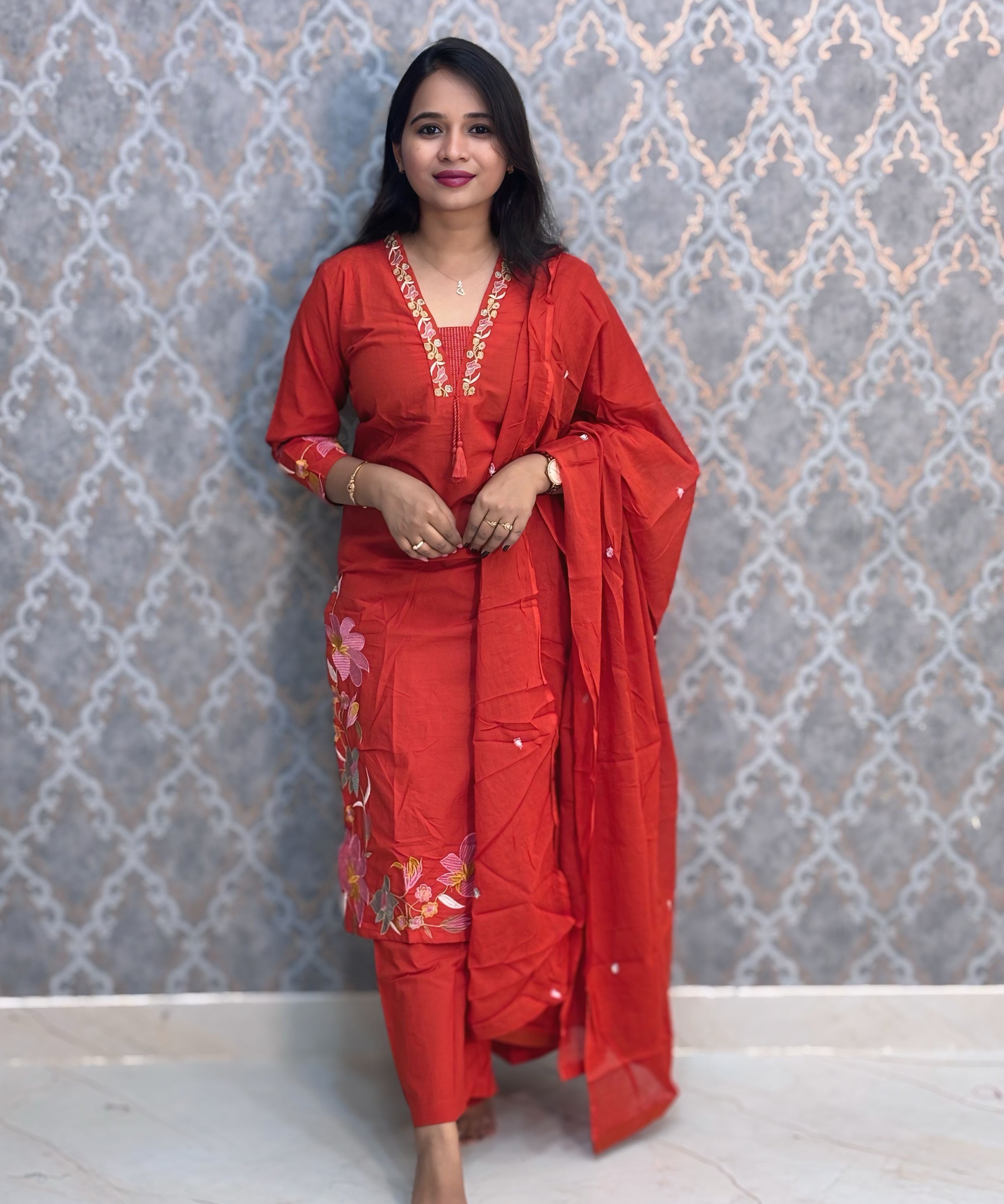 Orange Color Mul Cotton Floral Embroidery 3 Piece Salwar Set with Pocket /  ESS368