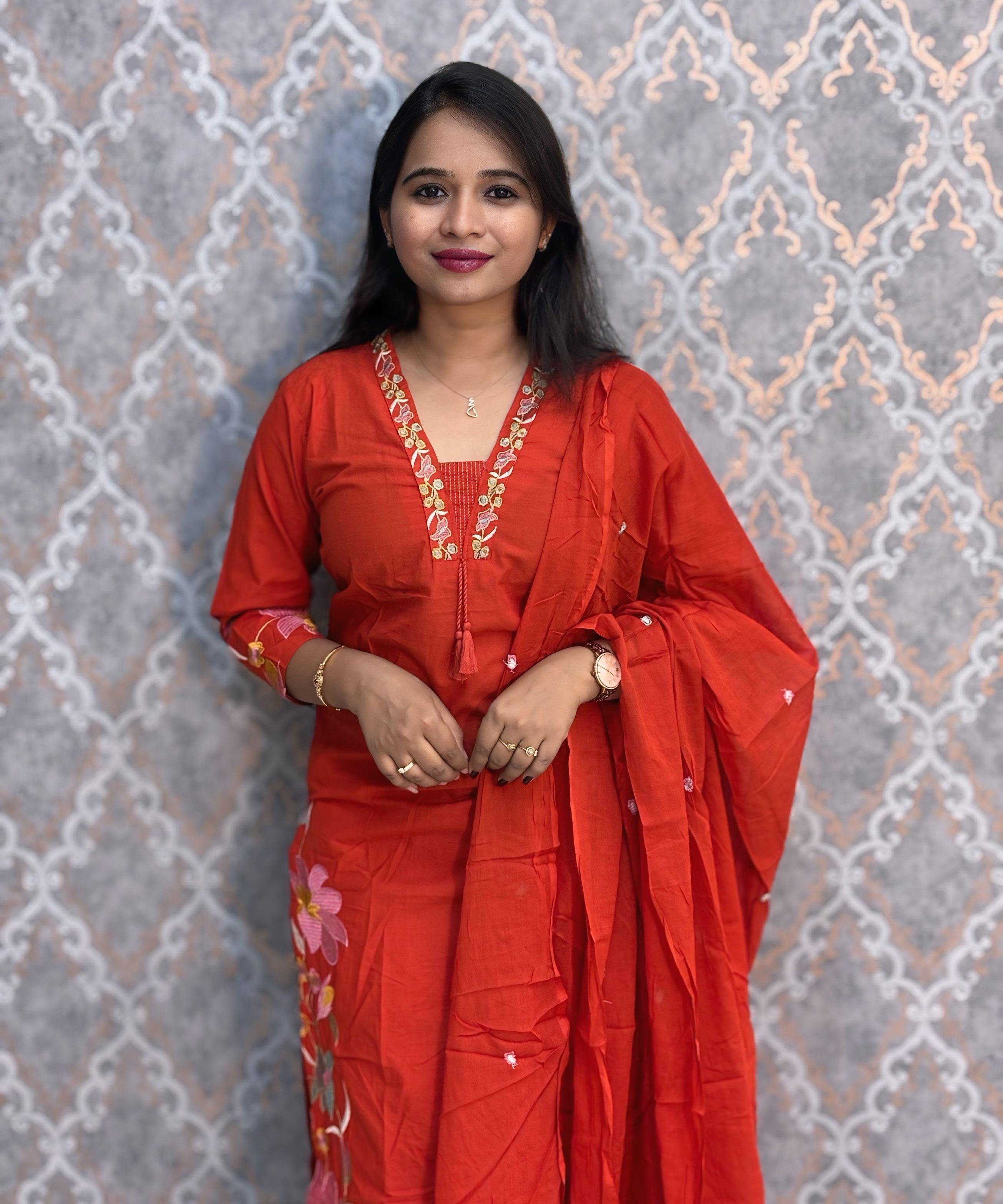 Orange Color Mul Cotton Floral Embroidery 3 Piece Salwar Set with Pocket /  ESS368