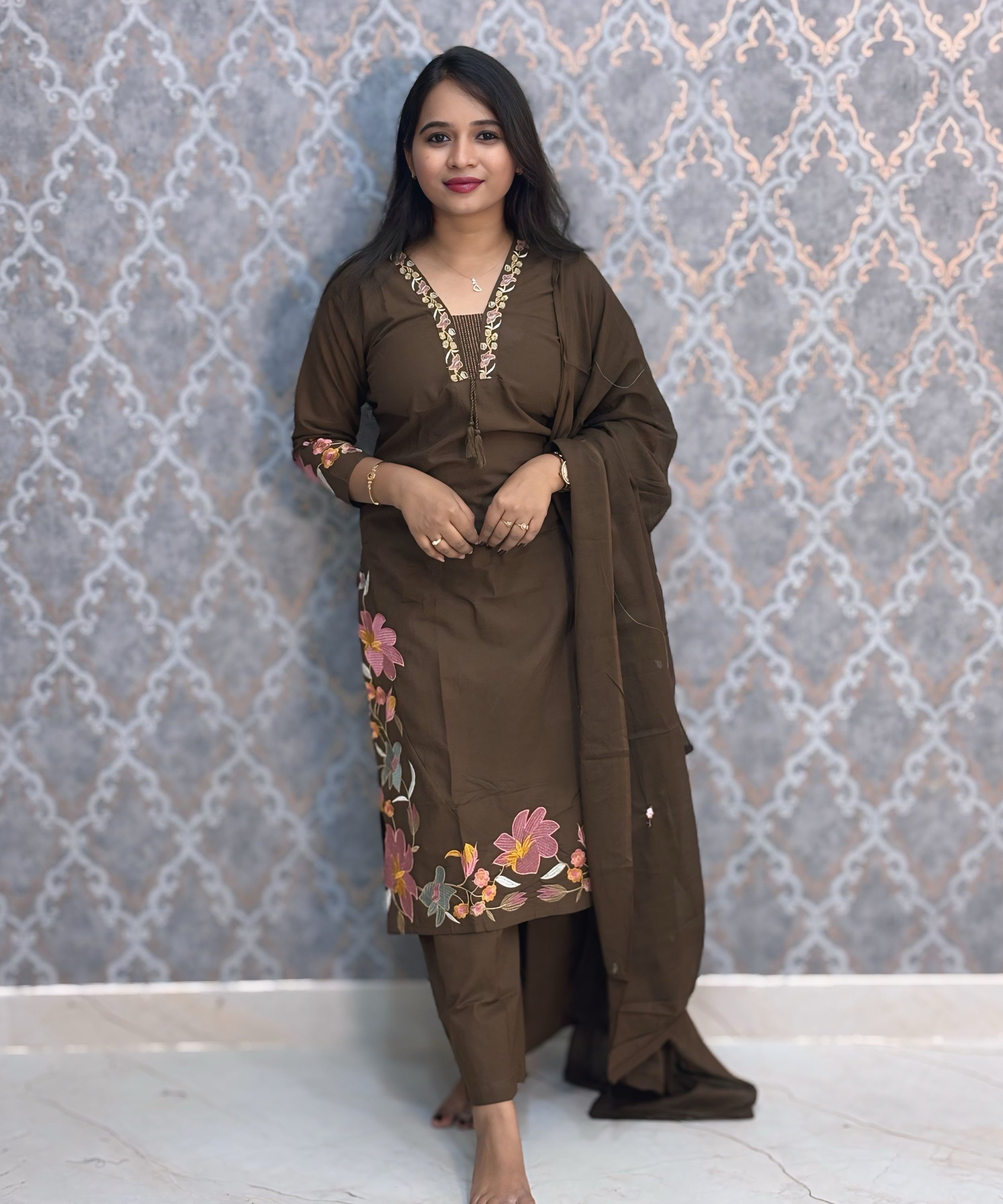 Brown Color Mul Cotton Floral Embroidery 3 Piece Salwar Set with Pocket /  ESS368