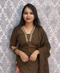 Brown Color Mul Cotton Floral Embroidery 3 Piece Salwar Set with Pocket /  ESS368