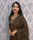 Brown Color Mul Cotton Floral Embroidery 3 Piece Salwar Set with Pocket /  ESS368