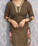 Brown Color Mul Cotton Floral Embroidery 3 Piece Salwar Set with Pocket /  ESS368
