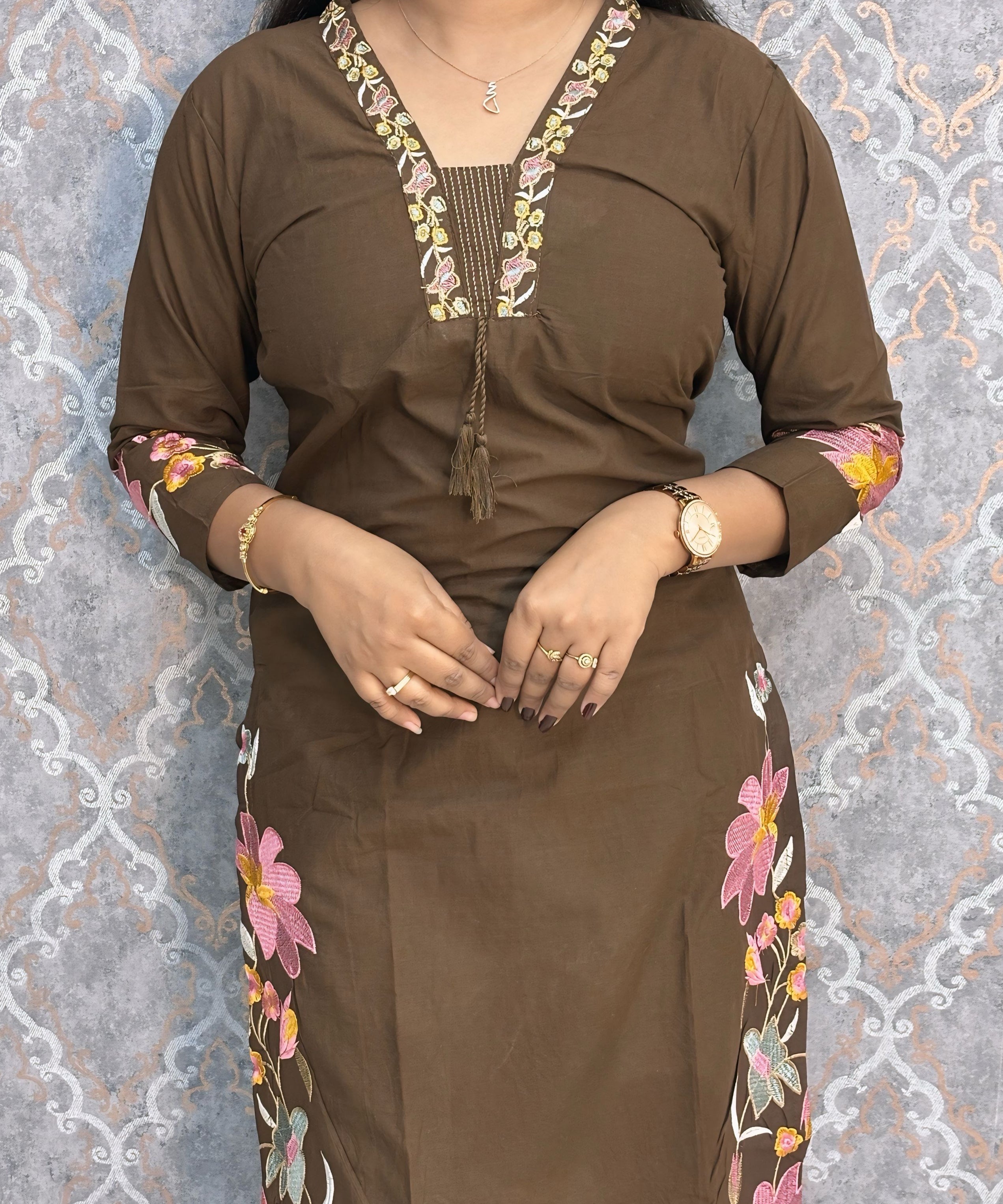 Brown Color Mul Cotton Floral Embroidery 3 Piece Salwar Set with Pocket /  ESS368