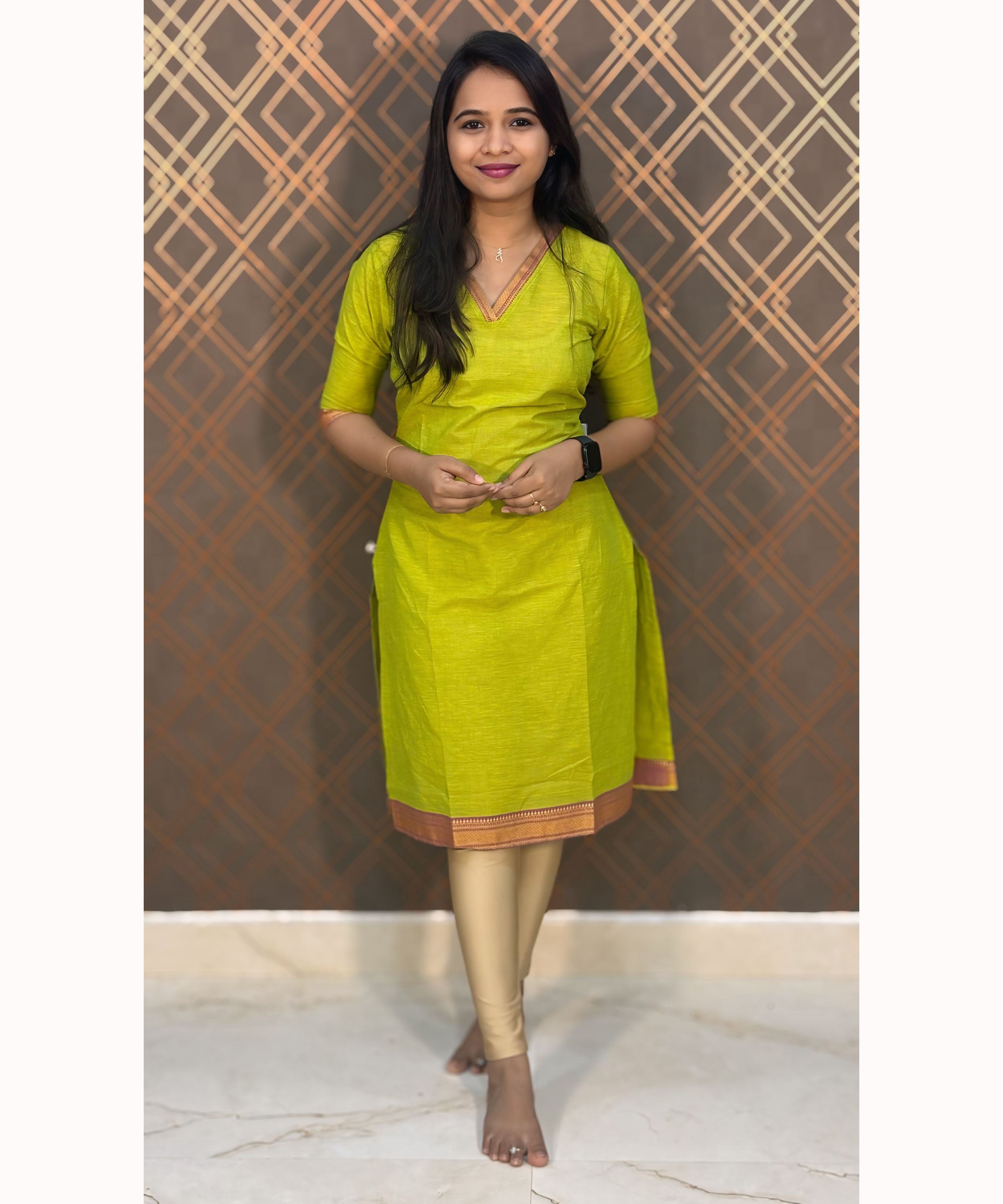 Mustered Green Mangalgiri Cotton Straight Cut Kurti / LSS119