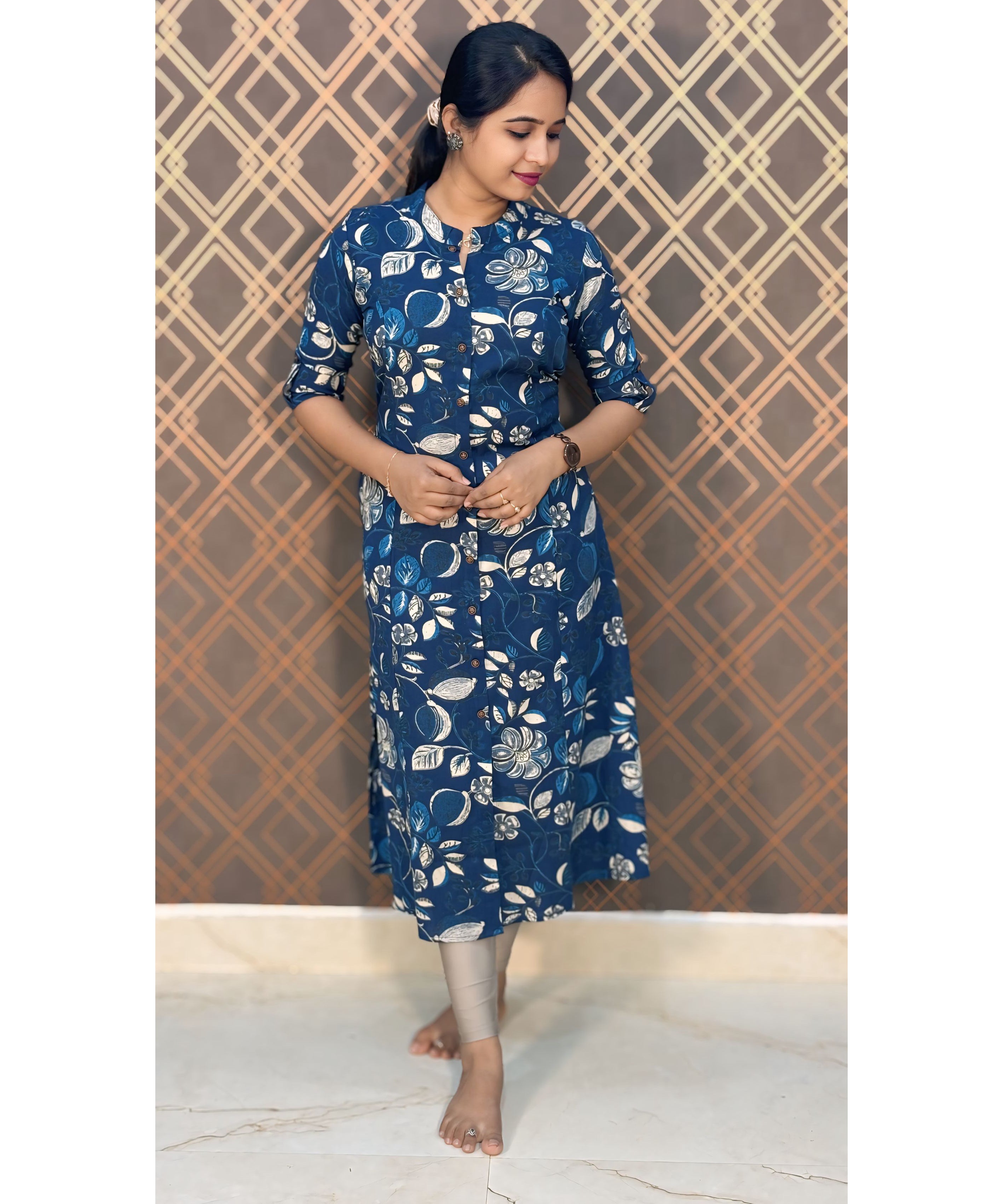 Navy Blue A Line Collar Kurti / RCC165