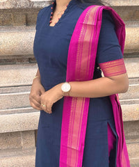 Navy Blue and Pink Color Premium Handloom Mangalagiri Cotton Salwar Set with Pocket / PC004