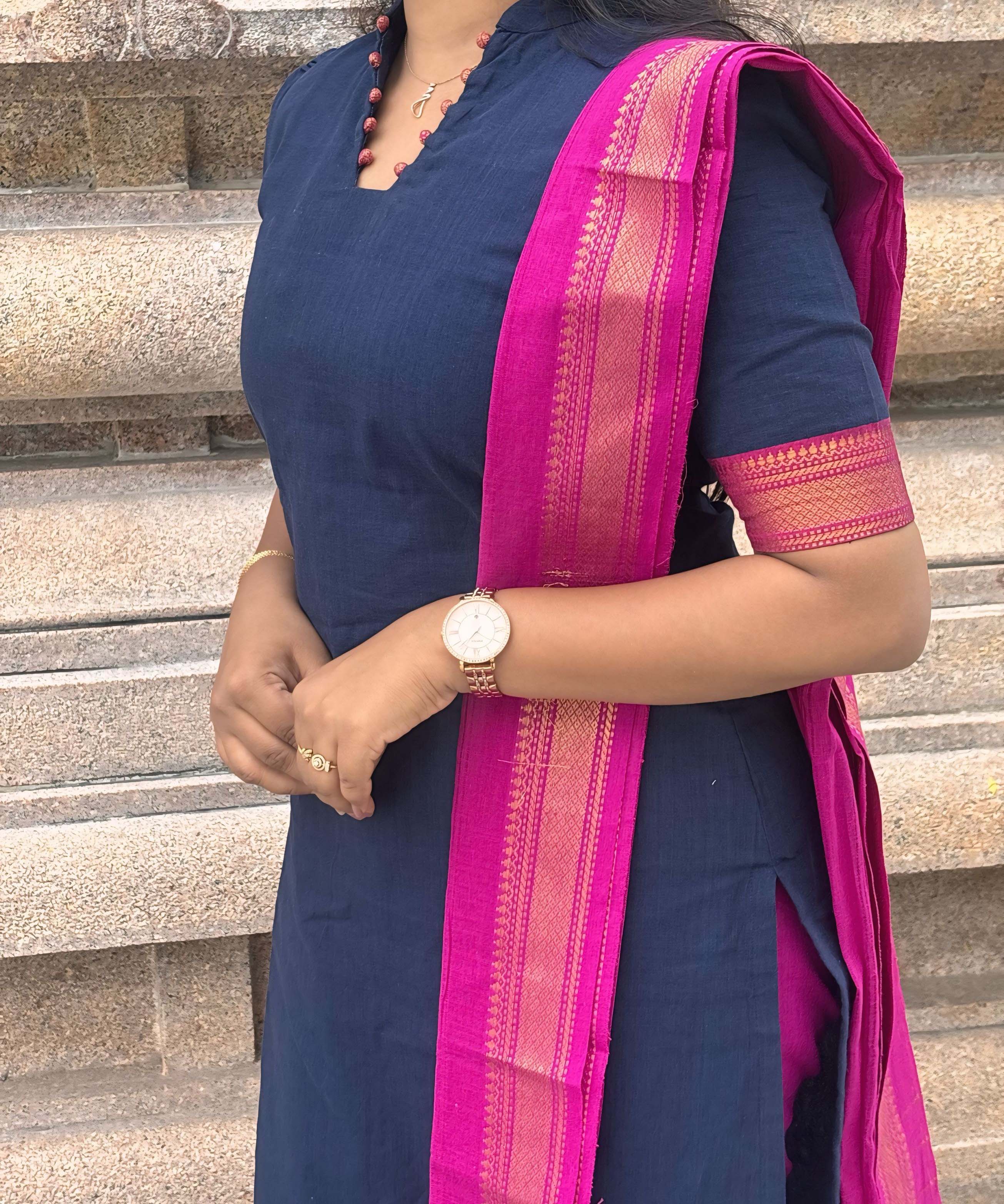 Navy Blue and Pink Color Premium Handloom Mangalagiri Cotton Salwar Set with Pocket / PC004