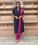 Navy Blue and Pink Color Premium Handloom Mangalagiri Cotton Salwar Set with Pocket / PC004