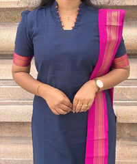 Navy Blue and Pink Color Premium Handloom Mangalagiri Cotton Salwar Set with Pocket / PC004
