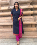 Navy Blue and Pink Color Premium Handloom Mangalagiri Cotton Salwar Set with Pocket / PC004