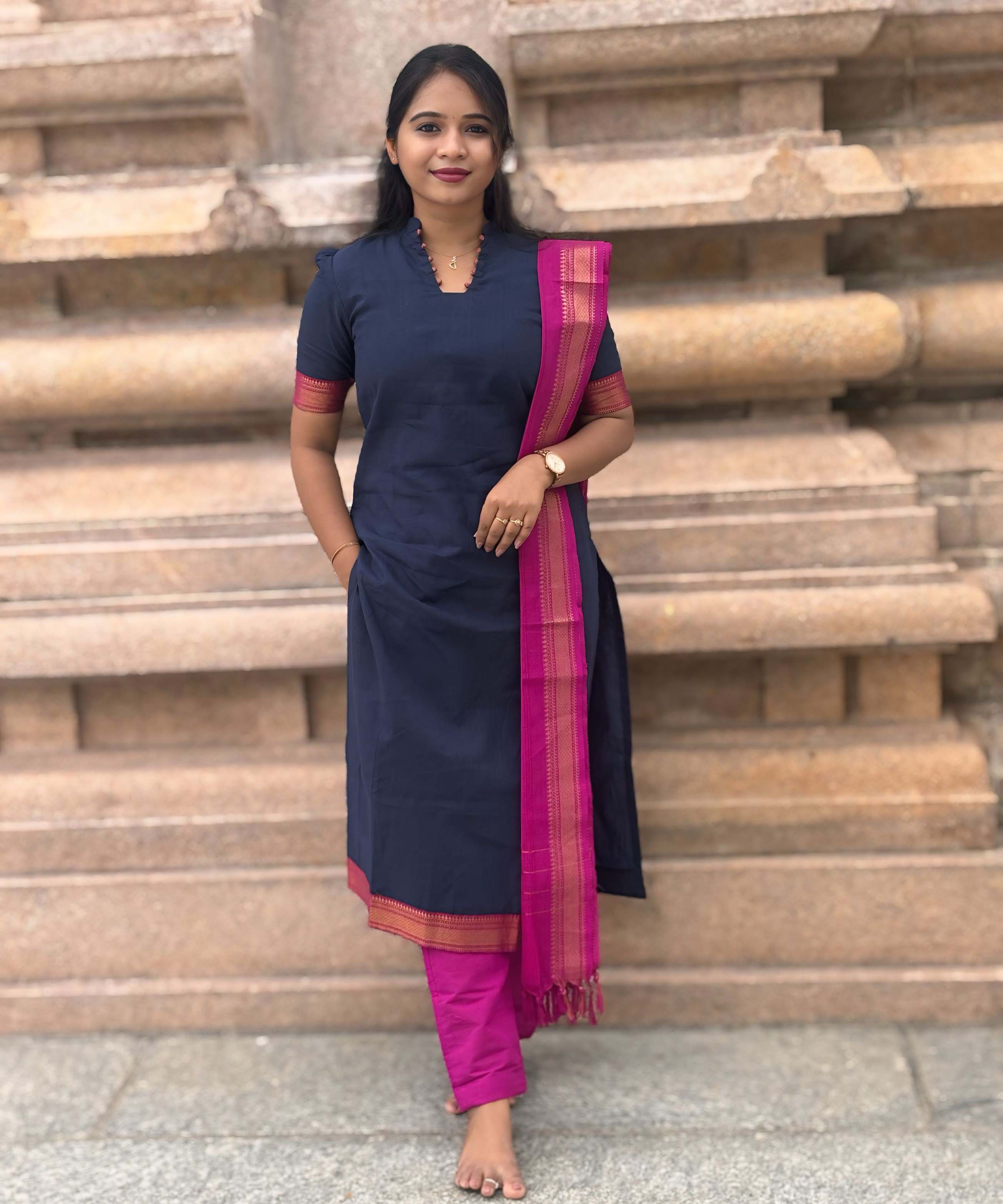 Navy Blue and Pink Color Premium Handloom Mangalagiri Cotton Salwar Set with Pocket / PC004