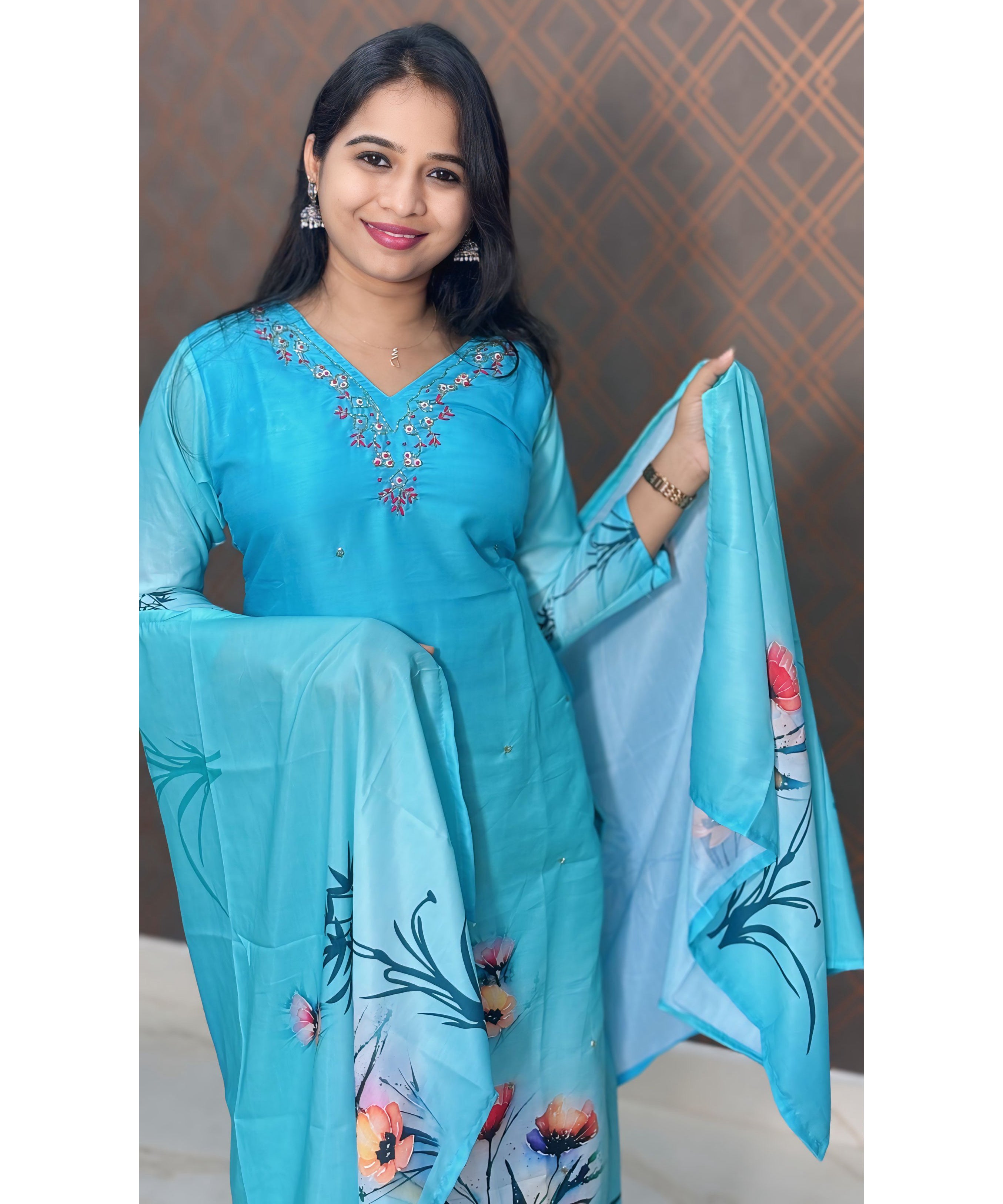 New Floral Sky blue and Green V Neck 3 piece Salwar Set / ESS148