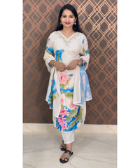 New Floral White and Blue V Neck 3 piece Salwar Set / ESS144