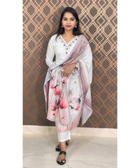 New Floral White and Purple V Neck 3 piece Salwar Set / ESS143