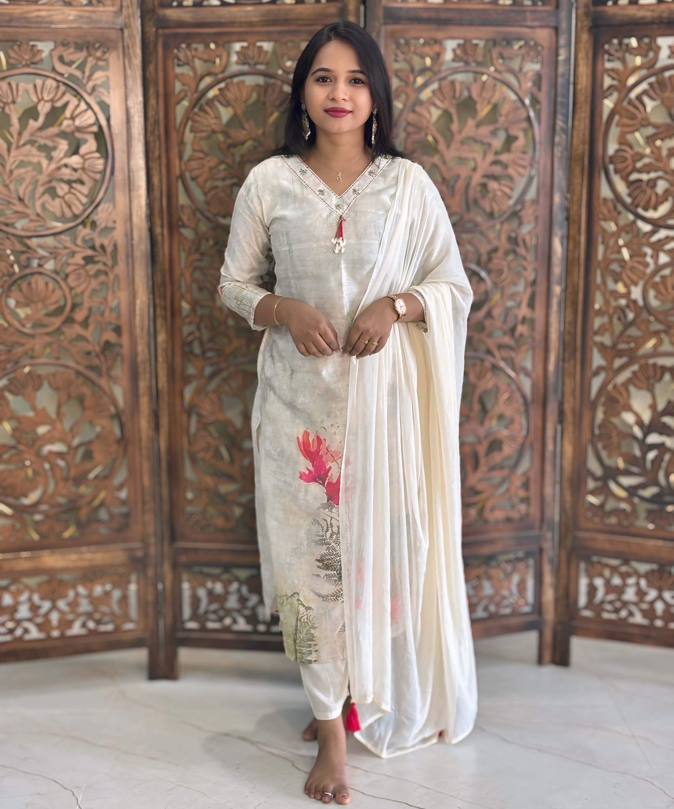 Off-White with floral print Premium Designer Salwar Set / ESS365