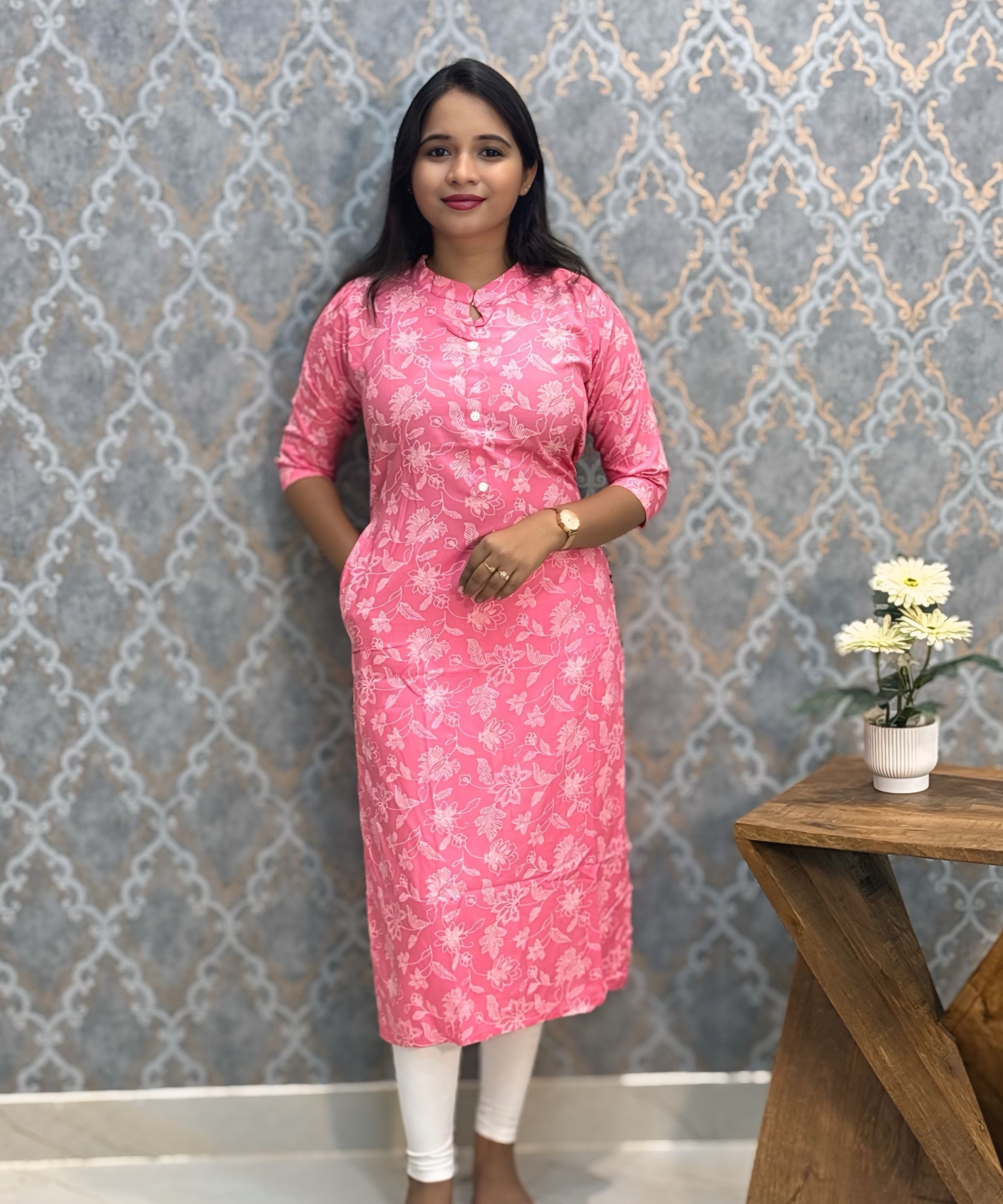 Pink and White Office Wear Kurtis with Pocket / LSS205