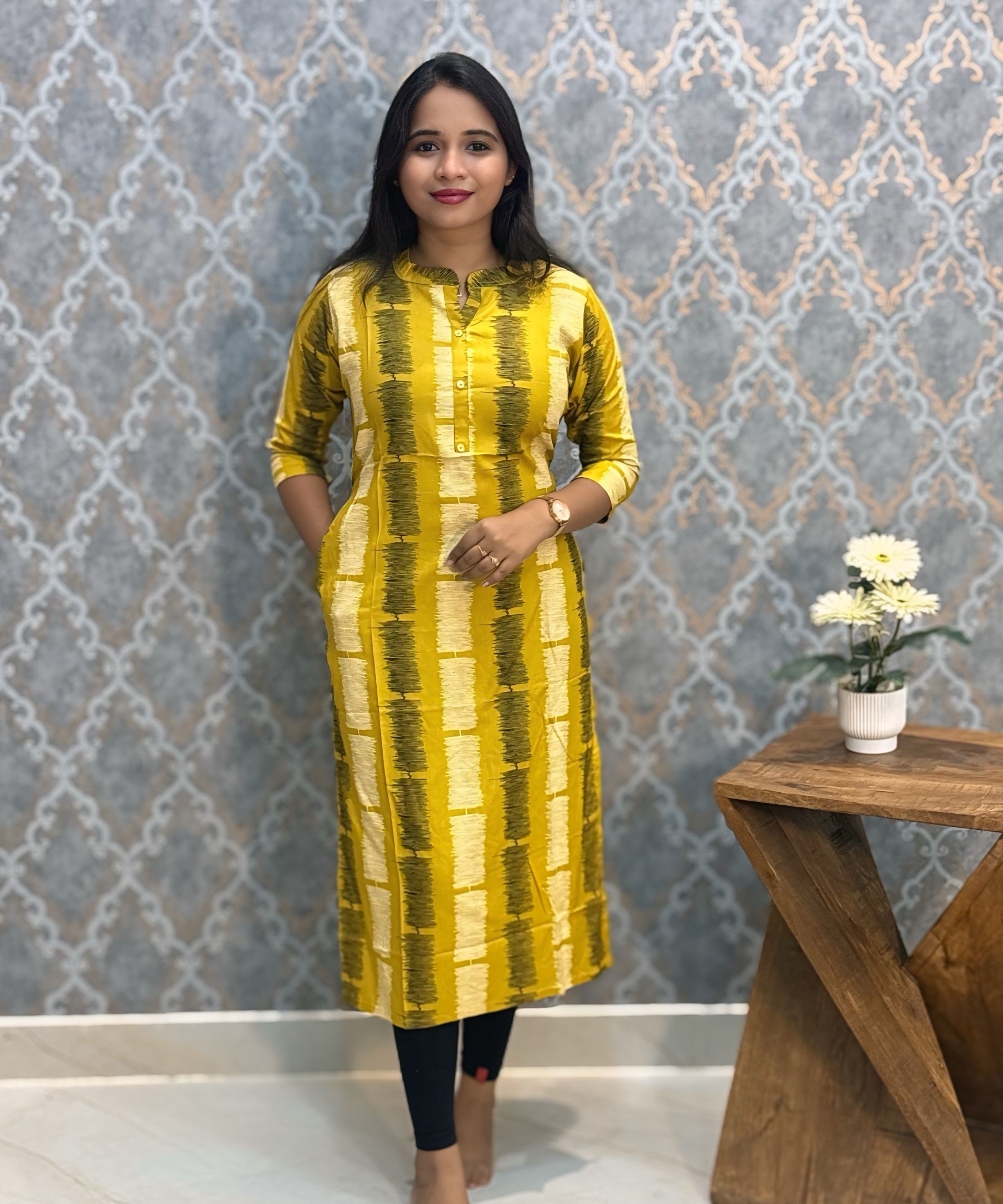 Yellow and Black Office Wear Kurtis with Pocket / LSS205
