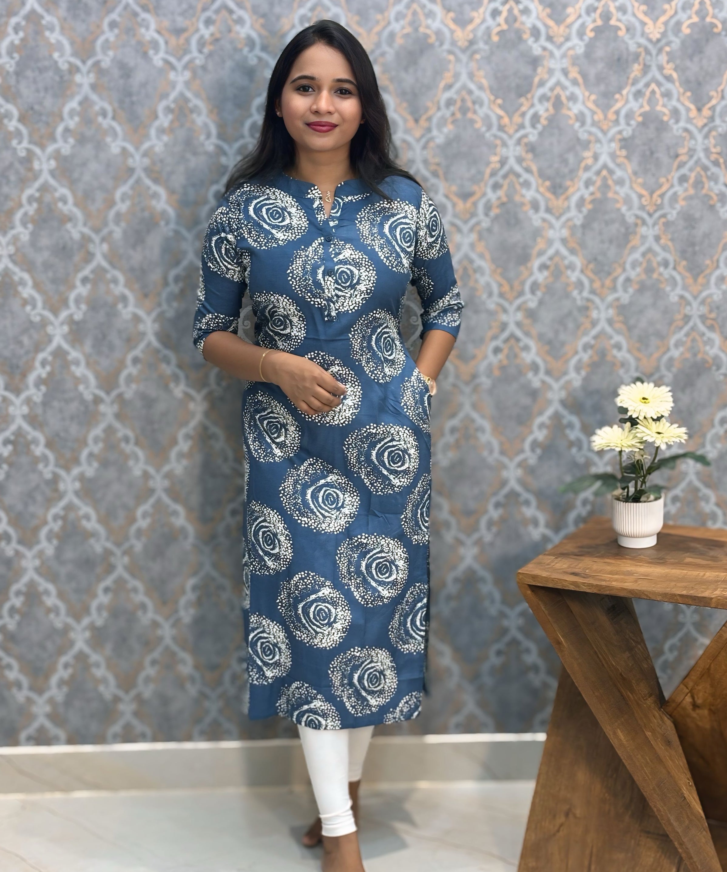 Blue and White Office Wear Kurtis with Pocket / LSS205