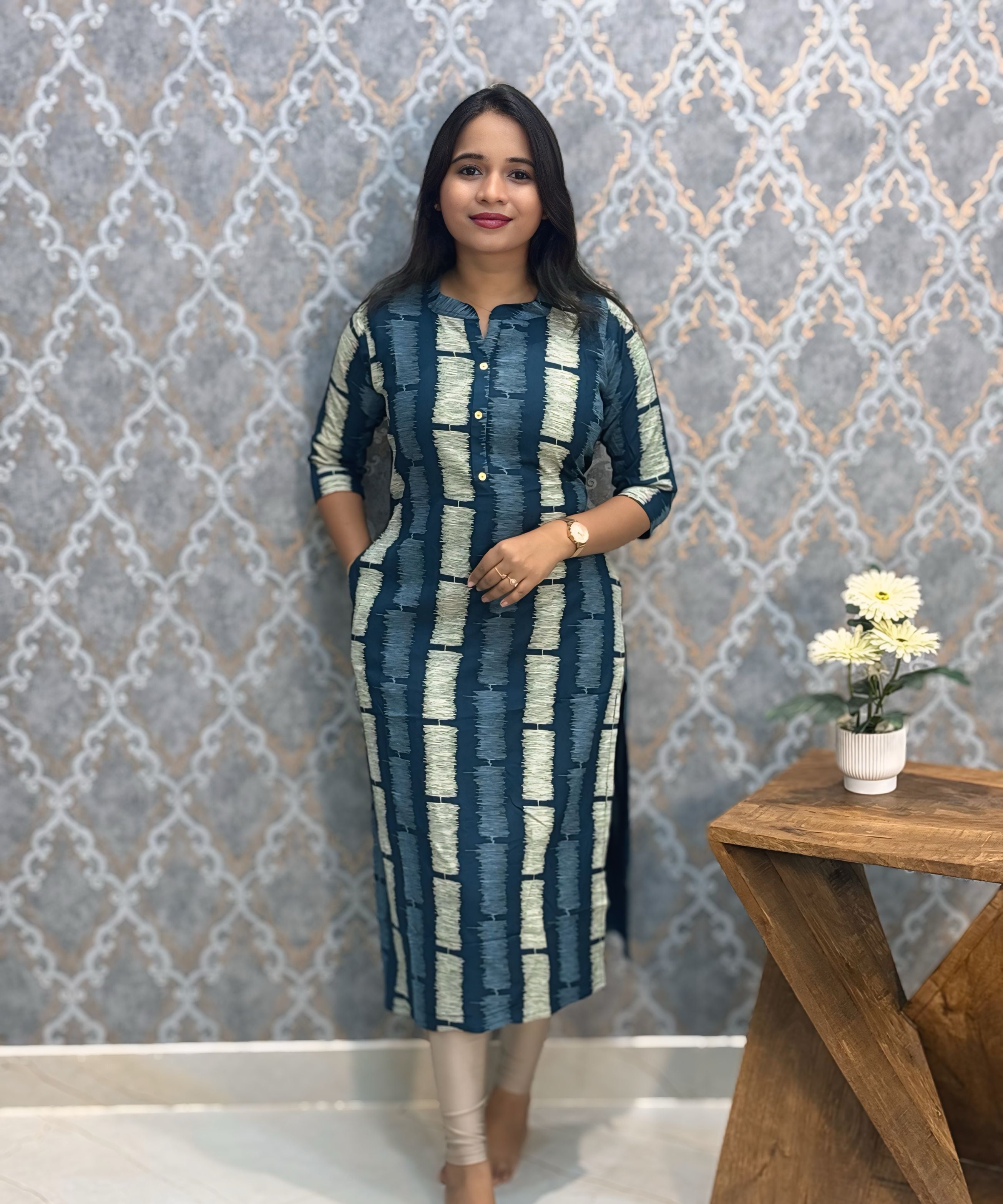 Blue and Beige Office Wear Kurtis with Pocket / LSS205