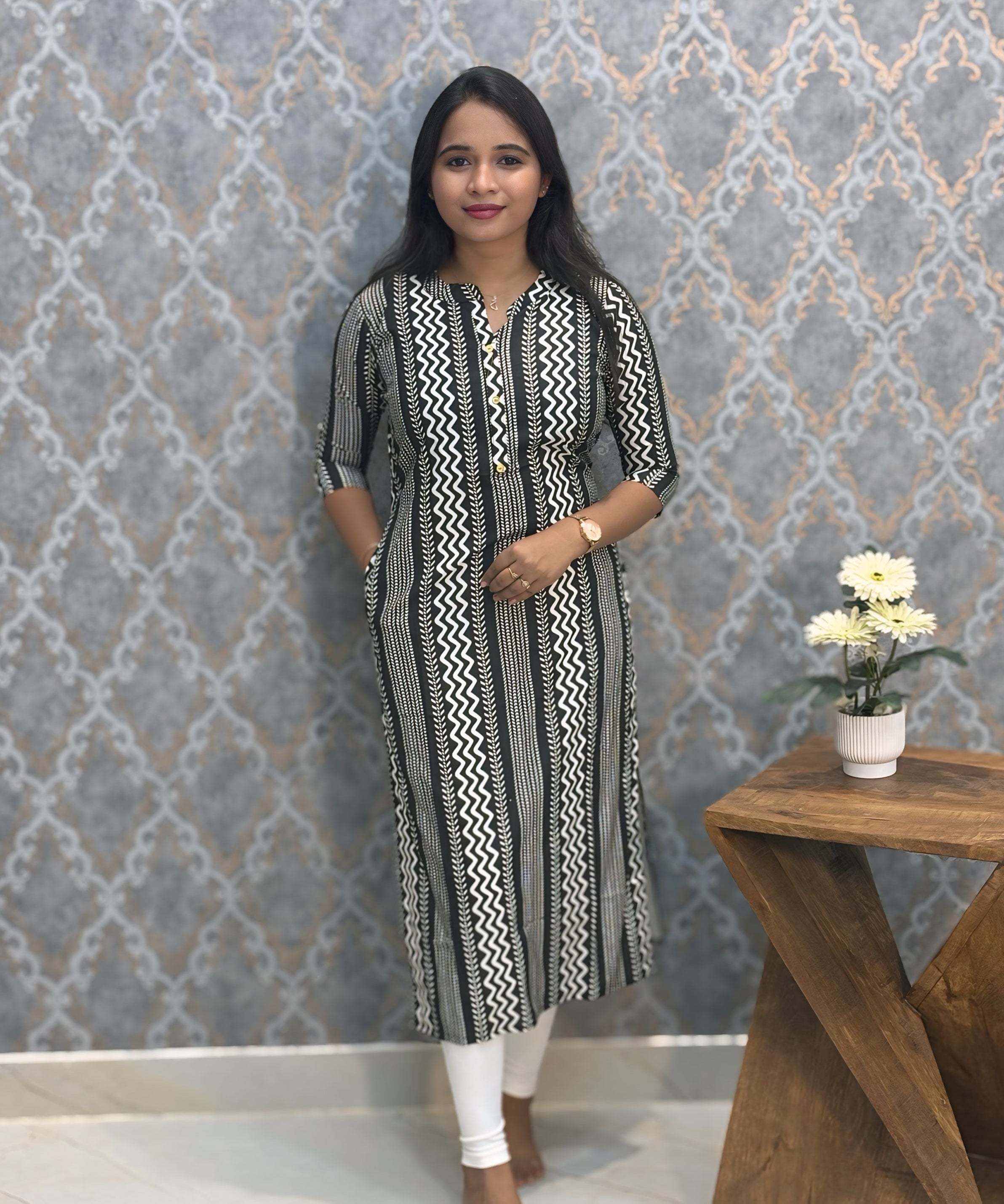 Black and  White Office Wear Kurtis with Pocket / LSS205
