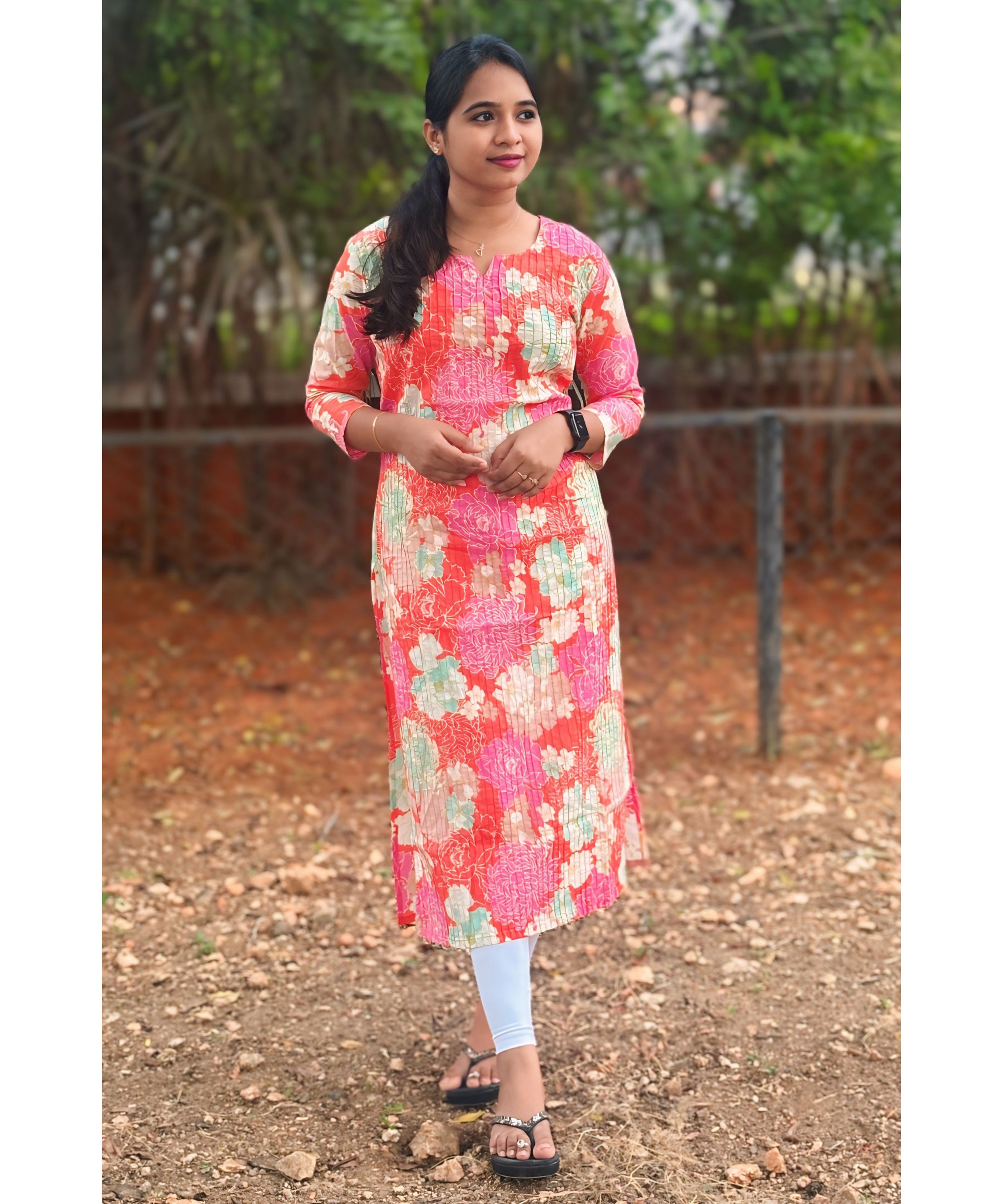 Orange Floral Design Cotton Kurti / RCC157