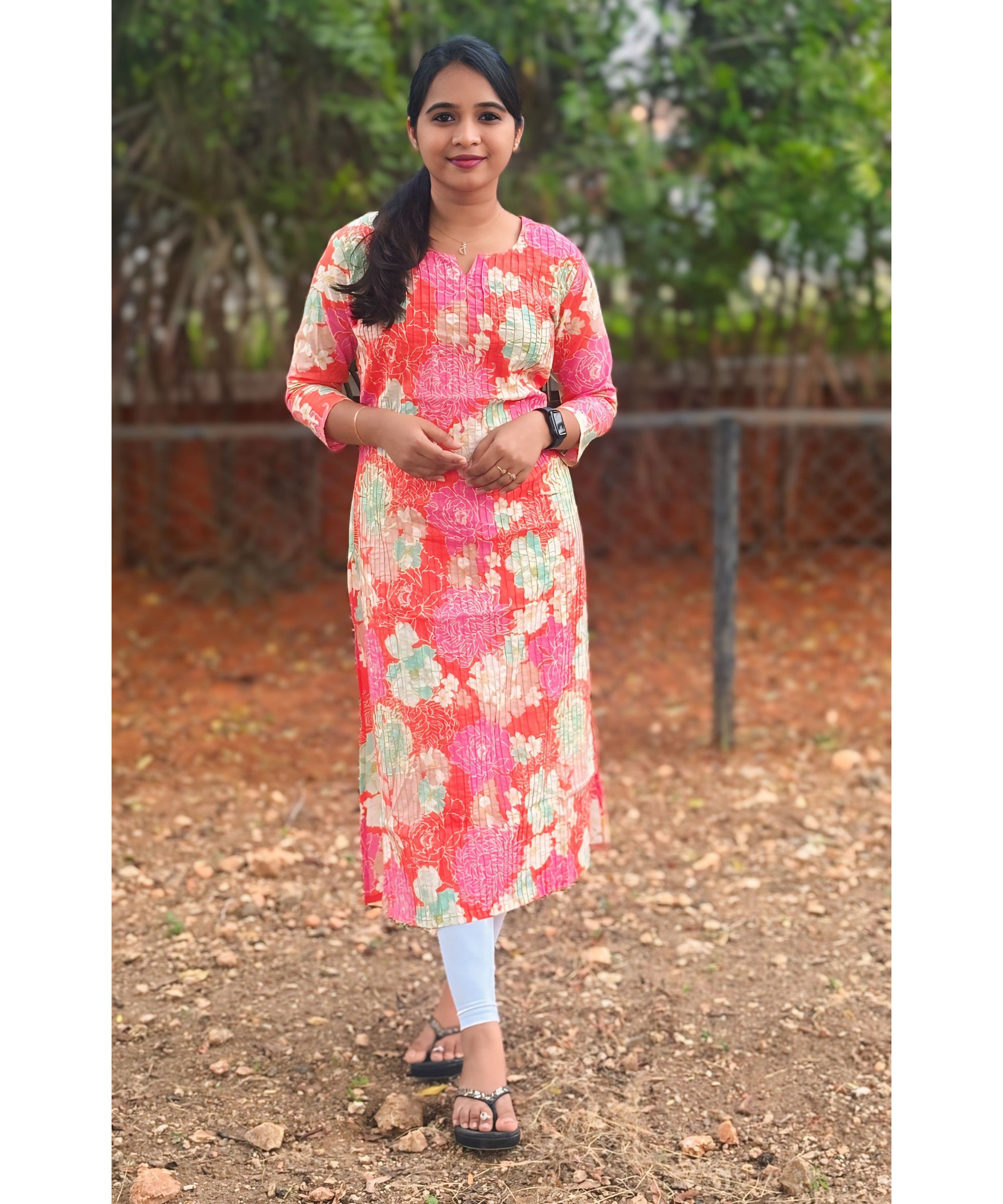 Orange Floral Design Cotton Kurti / RCC157