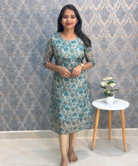 Lite Blue Color Floral Design Potli Neck Pattern Premium Tissue Kurti with Lining / LSS184