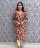 Maroon and Beige Color Hand Block Print Pen Kalamkari Cotton Kurti / LSS232