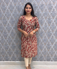 Maroon and Beige Color Hand Block Print Pen Kalamkari Cotton Kurti / LSS232