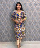 Blue Color Pichwai Cow Hand Block Print Pen Kalamkari Cotton Kurti / LSS232