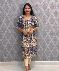 Blue Color Pichwai Cow Hand Block Print Pen Kalamkari Cotton Kurti / LSS232