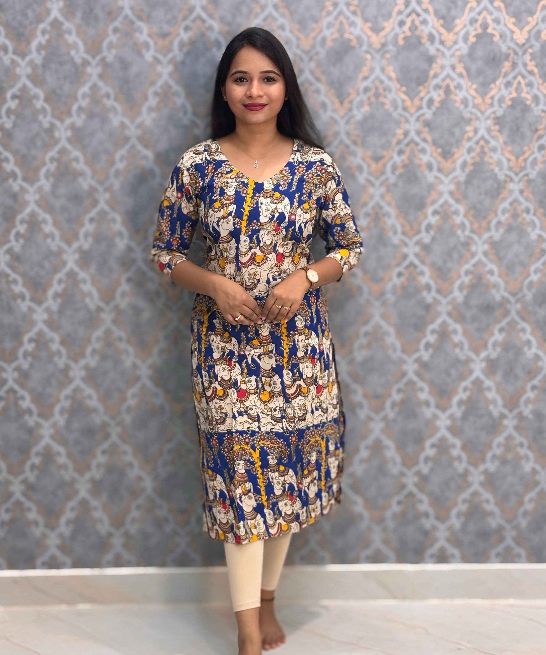 Blue Color Pichwai Cow Hand Block Print Pen Kalamkari Cotton Kurti / LSS232