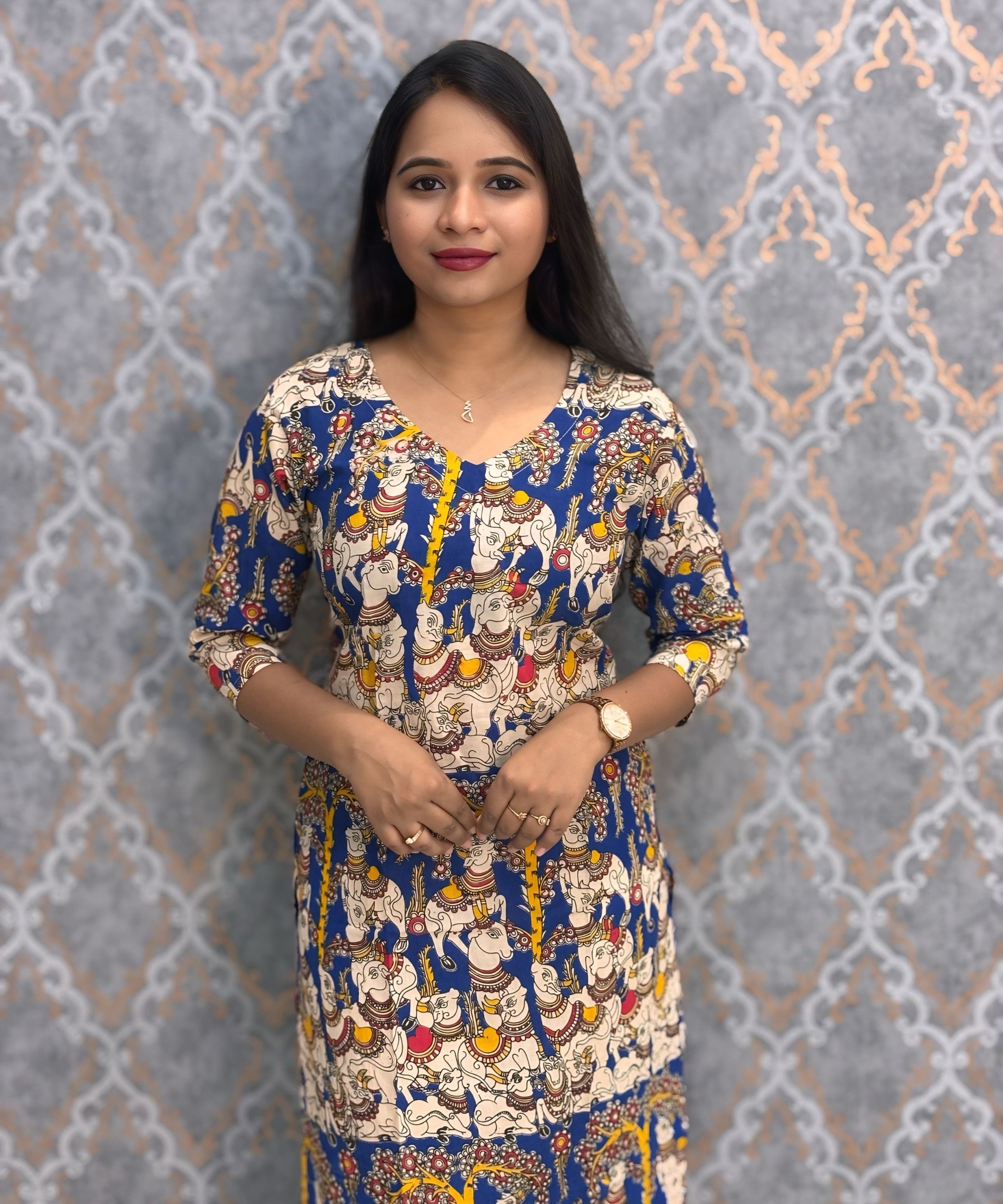 Blue Color Pichwai Cow Hand Block Print Pen Kalamkari Cotton Kurti / LSS232