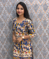 Blue Color Pichwai Cow Hand Block Print Pen Kalamkari Cotton Kurti / LSS232