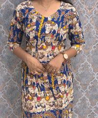 Blue Color Pichwai Cow Hand Block Print Pen Kalamkari Cotton Kurti / LSS232