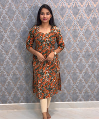 Orange and Green Color Hand Block Print Pen Kalamkari Cotton Kurti / LSS232