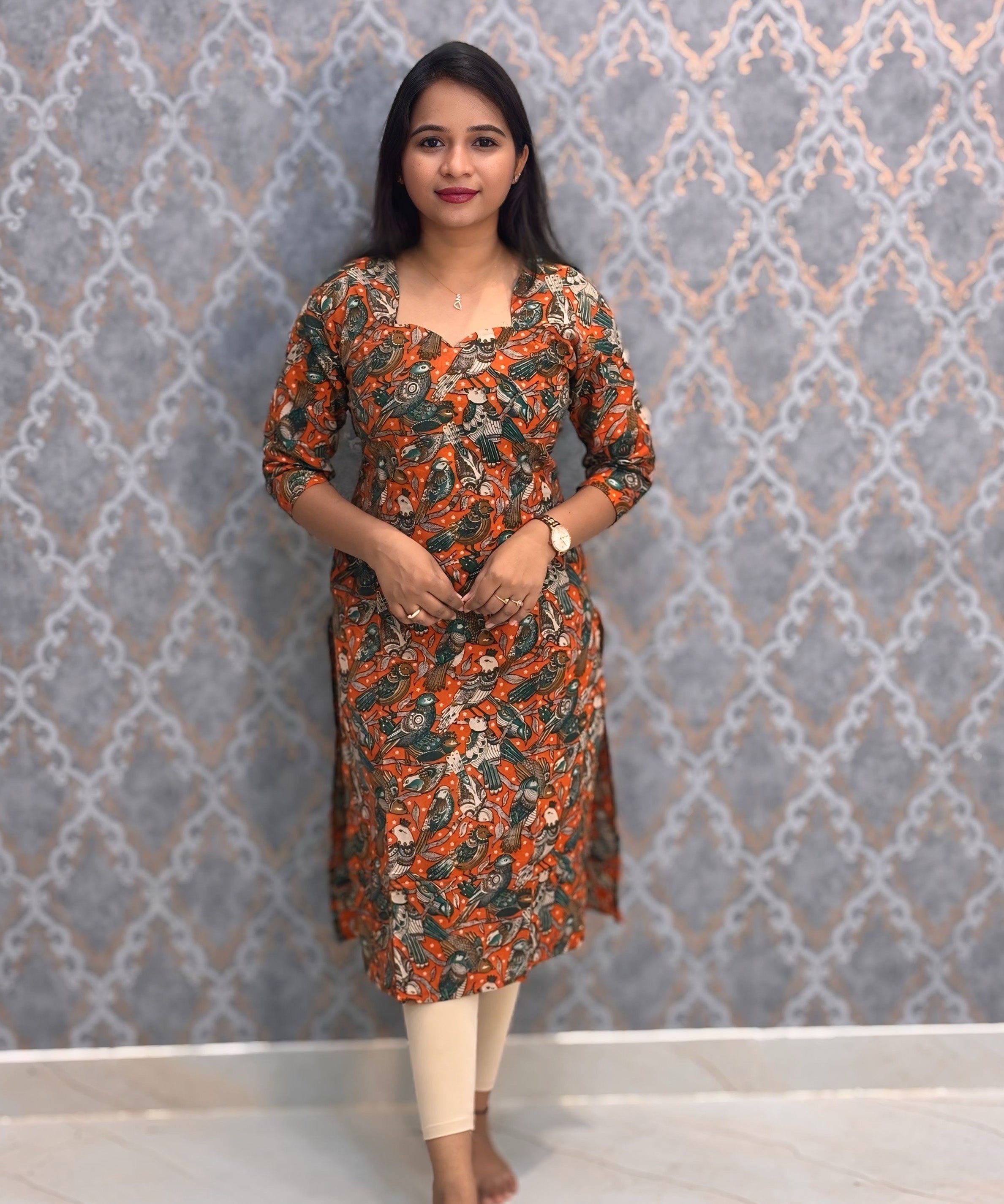 Orange and Green Color Hand Block Print Pen Kalamkari Cotton Kurti / LSS232