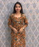 Orange and Green Color Hand Block Print Pen Kalamkari Cotton Kurti / LSS232