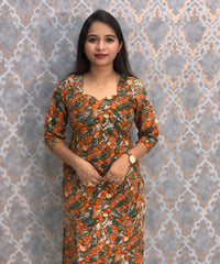 Orange and Green Color Hand Block Print Pen Kalamkari Cotton Kurti / LSS232