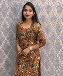 Orange and Green Color Hand Block Print Pen Kalamkari Cotton Kurti / LSS232